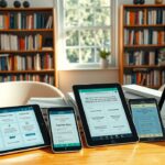 A brightly lit study space with a clean, modern aesthetic. On a wooden desk, several mobile devices and tablets display various study apps, their interfaces showcasing features like flashcards, practice quizzes, and progress tracking. In the background, a bookshelf filled with reference materials and a window lets in natural light, creating a calm and focused atmosphere. The image conveys the idea of a productive, distraction-free environment for test preparation, with the study apps as the central focus.