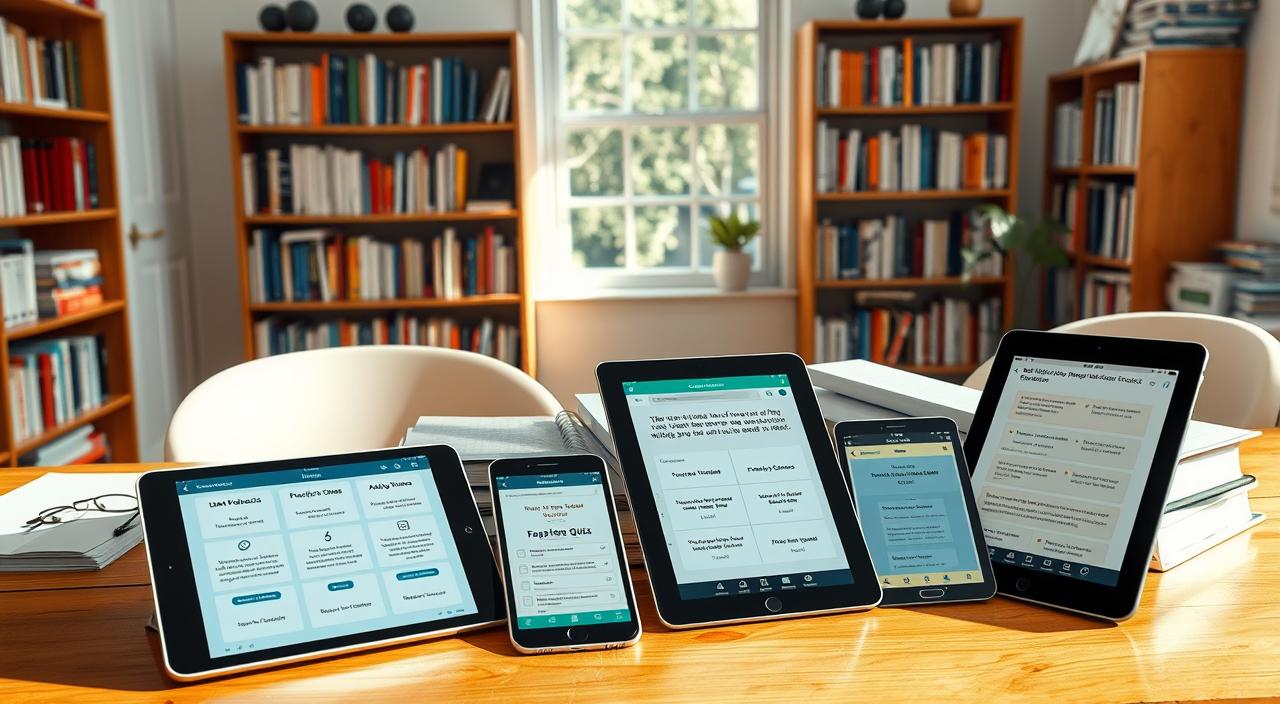 A brightly lit study space with a clean, modern aesthetic. On a wooden desk, several mobile devices and tablets display various study apps, their interfaces showcasing features like flashcards, practice quizzes, and progress tracking. In the background, a bookshelf filled with reference materials and a window lets in natural light, creating a calm and focused atmosphere. The image conveys the idea of a productive, distraction-free environment for test preparation, with the study apps as the central focus.