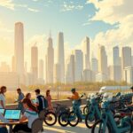A bustling urban landscape with a vibrant, collaborative spirit. In the foreground, people of diverse backgrounds share resources and work together in a coworking space, laptops and ideas flowing freely. In the middle ground, a fleet of electric scooters and bicycles available for on-demand use, symbolizing the shared mobility solutions transforming the city. Towering skyscrapers and modern architecture form the backdrop, hinting at the technological advancements driving this new economic paradigm. Warm, natural lighting illuminates the scene, conveying a sense of optimism and community. The overall atmosphere exudes a harmonious blend of innovation, sustainability, and shared prosperity - the essence of the "economia compartilhada" beyond the confines of traditional business models.