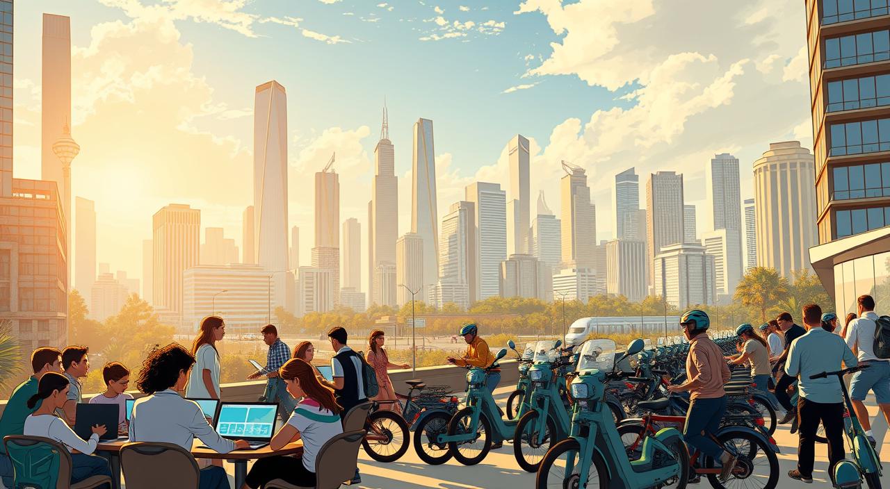 A bustling urban landscape with a vibrant, collaborative spirit. In the foreground, people of diverse backgrounds share resources and work together in a coworking space, laptops and ideas flowing freely. In the middle ground, a fleet of electric scooters and bicycles available for on-demand use, symbolizing the shared mobility solutions transforming the city. Towering skyscrapers and modern architecture form the backdrop, hinting at the technological advancements driving this new economic paradigm. Warm, natural lighting illuminates the scene, conveying a sense of optimism and community. The overall atmosphere exudes a harmonious blend of innovation, sustainability, and shared prosperity - the essence of the "economia compartilhada" beyond the confines of traditional business models.
