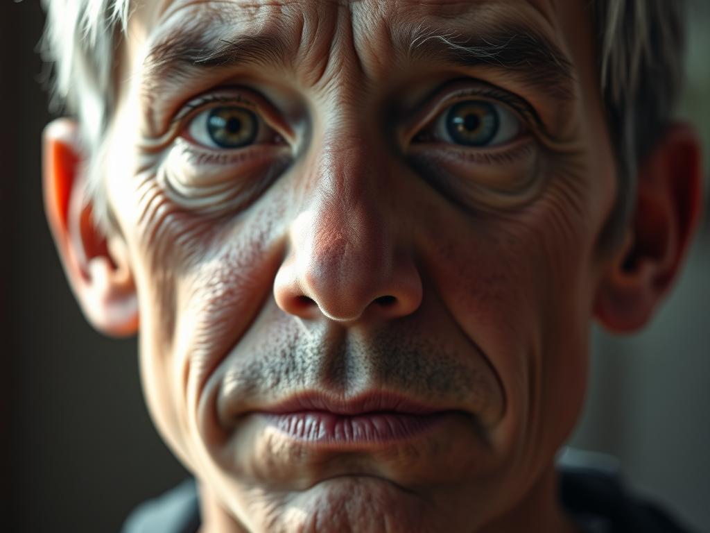 A dramatic close-up portrait of a young person's face with an AI-powered aging filter applied, creating the illusion of an older, weathered appearance. The lighting is soft and directional, casting subtle shadows that accentuate the subject's new wrinkles, age spots, and other signs of aging. The focus is sharp on the face, with a slight blur in the background to draw the viewer's attention. The overall mood is one of introspection and curiosity, as the viewer imagines how the subject might look in the future.