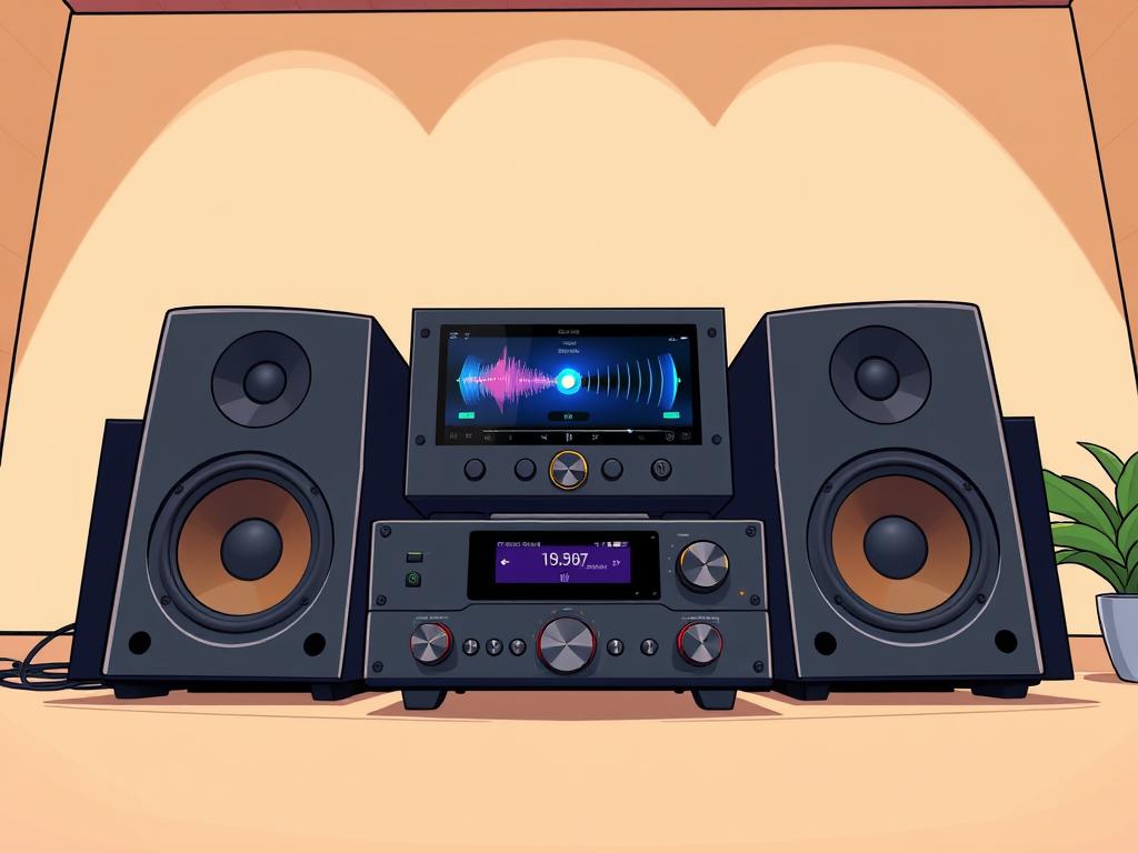 A high-quality sound system with sleek, modern design. The foreground features a premium-grade amplifier and a pair of high-fidelity speakers with crisp, clear sound. The middle ground showcases a state-of-the-art music player with a vibrant, high-resolution display. The background depicts a serene, minimalist environment with warm, balanced lighting, conveying a peaceful, immersive listening experience. The overall composition exudes a sense of audio excellence, inviting the viewer to appreciate the power and precision of the sound quality.