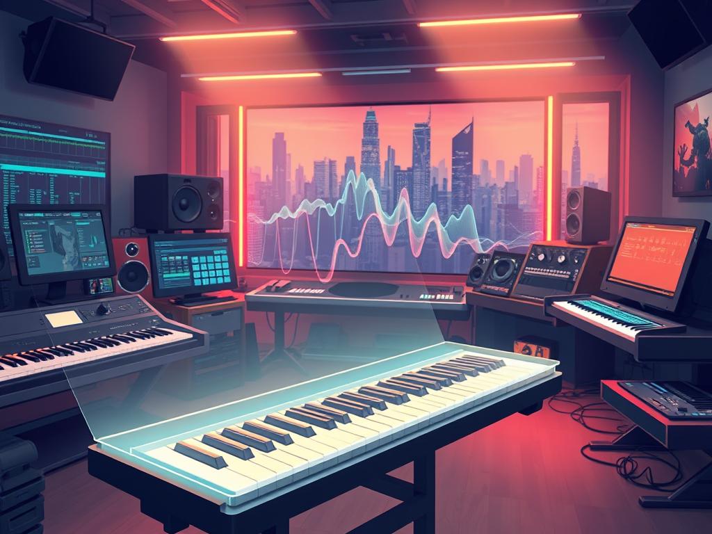 A high-tech workspace with various AI-powered music creation tools, including sleek digital audio workstations, cutting-edge synthesizers, and intuitive sound design interfaces. The scene is bathed in a warm, ambient glow, creating a serene and inspirational atmosphere for musical experimentation. In the foreground, a holographic piano keyboard hovers, its keys illuminated, ready to be played by the artist's gestures. In the middle ground, a visually stunning 3D waveform visualization pulses with the rhythm of the music, providing real-time feedback. The background features futuristic cityscape, hinting at the limitless creative potential of AI-driven musical composition.