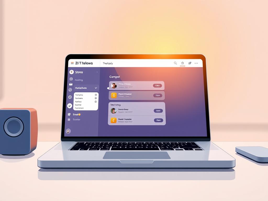 A modern, minimalist workspace with a stylish productivity app displayed on a laptop screen. The foreground features the app's clean, intuitive interface with icons and task lists. The middle ground showcases the laptop's sleek, metal design against a blurred, neutral background. Warm, natural lighting illuminates the scene, creating a calming, focused atmosphere. The overall composition emphasizes the app's ease of use and how it can help organize tasks to boost daily productivity.