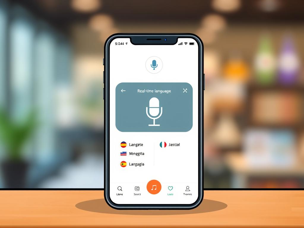 A modern mobile device displaying an intuitive translation app interface, with a clean, minimalist design. The app features a prominent microphone icon and a dynamic translation display, showcasing real-time language conversion between two distinct languages. The device is set against a blurred, out-of-focus background, creating a sense of focus and emphasizing the app's functionality. The overall scene conveys a sense of effortless communication, highlighting the app's ability to break down language barriers with a sleek and user-friendly experience.