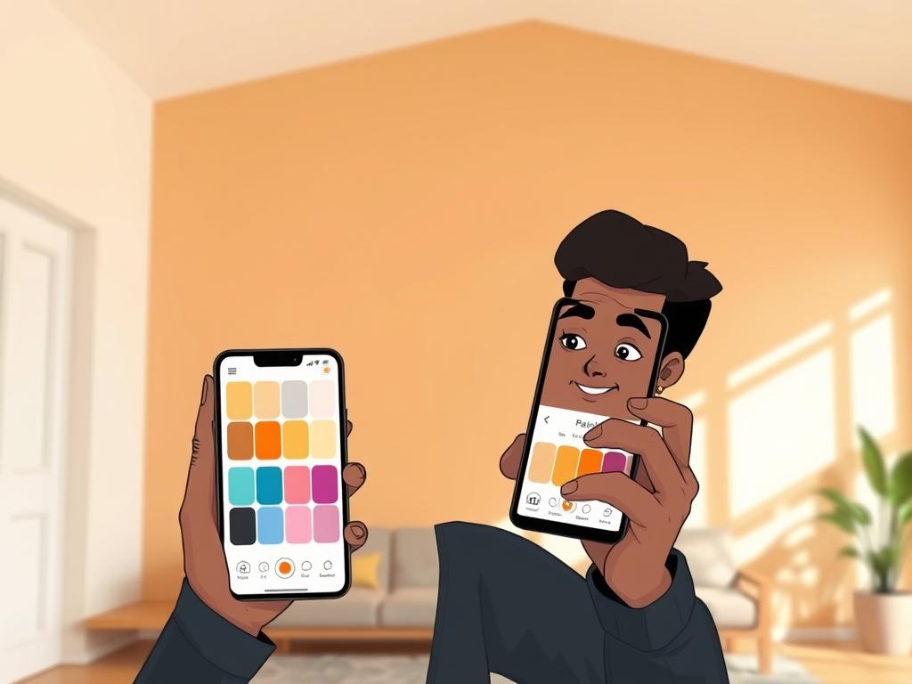 A modern, well-designed interior space with a large wall in the background. The wall is painted in a warm neutral color, and a person is using a mobile phone app to virtually apply different paint colors to the wall, experimenting with various shades and hues. The lighting is soft and natural, creating a calming, inviting atmosphere. The app interface is visually appealing and intuitive, with clear controls and a clean, minimalist design. The person's expression conveys a sense of focus and engaged exploration as they try out different color options for their home project.