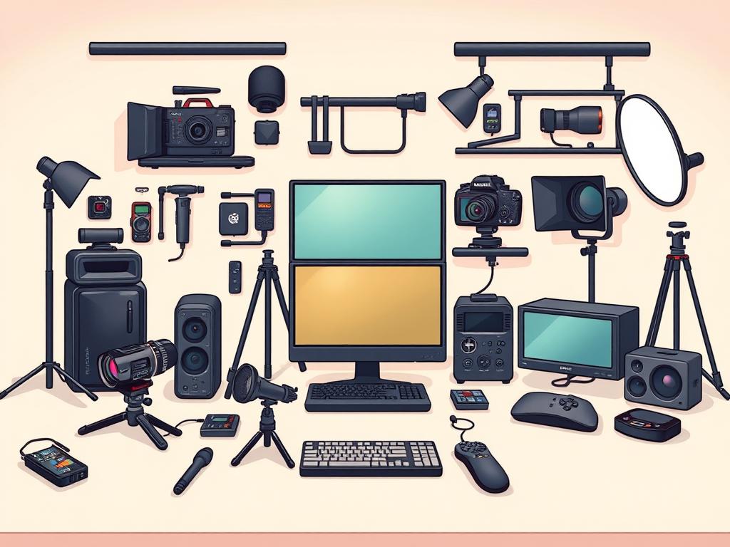 A neatly organized collection of essential video editing tools, including professional-grade cameras, microphones, video capture devices, lighting equipment, and computer hardware and software. The setup is arranged on a clean, minimalist workspace, with a soft, diffused lighting creating a warm, inviting atmosphere. The tools are presented in a way that highlights their functionality and user-friendliness, conveying the idea of an accessible and intuitive editing experience for beginners. The overall composition exudes a sense of simplicity and approachability, reflecting the section's focus on practical tools for those new to video editing.