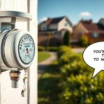 A pristine water meter mounted on a white exterior wall, casting soft shadows. In the foreground, droplets of water glisten on the meter's surface, reflecting the surrounding environment. The middle ground features a well-maintained garden, with lush greenery and a pathway leading towards the meter. The background depicts a residential neighborhood, with neatly arranged houses and a clear blue sky above. The overall scene conveys a sense of order, cleanliness, and attention to water conservation.