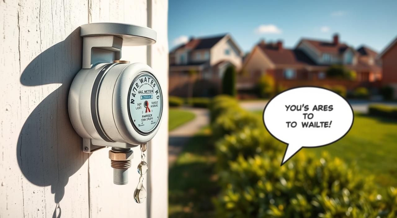 A pristine water meter mounted on a white exterior wall, casting soft shadows. In the foreground, droplets of water glisten on the meter's surface, reflecting the surrounding environment. The middle ground features a well-maintained garden, with lush greenery and a pathway leading towards the meter. The background depicts a residential neighborhood, with neatly arranged houses and a clear blue sky above. The overall scene conveys a sense of order, cleanliness, and attention to water conservation.