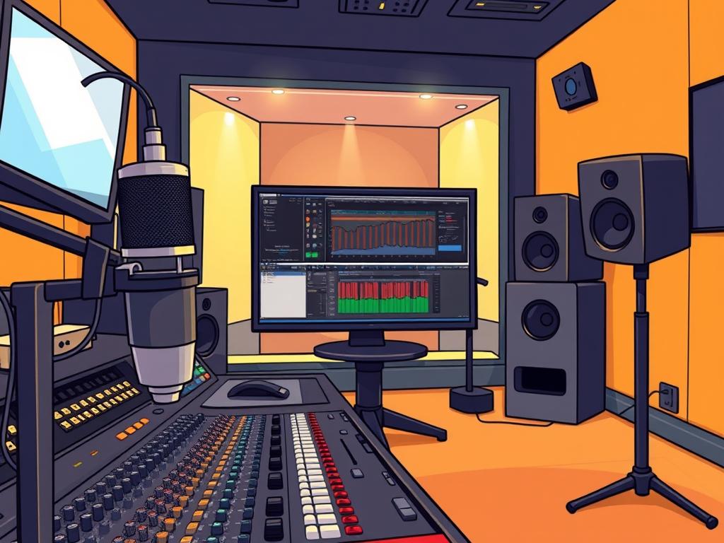 A professional recording studio with state-of-the-art audio equipment. In the foreground, a high-quality microphone and mixing console are prominently displayed, indicating the technical aspects of voice cloning. The middle ground shows a computer screen displaying a voice cloning software interface, with various parameters and controls visible. In the background, a softly lit recording booth creates an atmosphere of creativity and experimentation. Warm, natural lighting casts a cozy glow over the scene, suggesting the seamless integration of voice cloning technology into the creative process.
