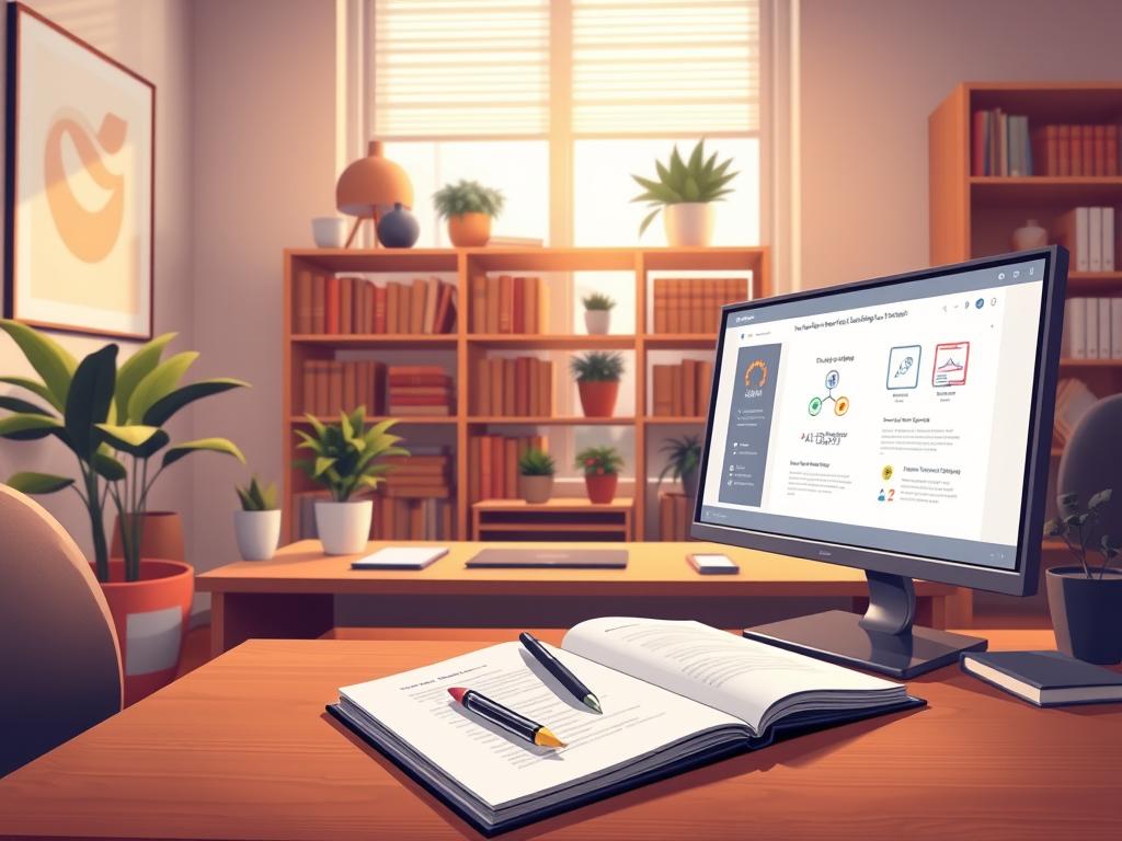 A serene and well-lit study space, with a sleek, minimalist desktop computer setup featuring a large monitor displaying an intuitive AI-powered learning interface. In the foreground, an open notebook and stylus invite interaction, while the background showcases elegant bookshelves and potted plants, creating a calm and productive atmosphere. Warm, diffused lighting casts a gentle glow, emphasizing the advanced technology seamlessly integrated into the thoughtfully designed environment. The overall scene conveys the efficiency and convenience of an AI-assisted study experience.