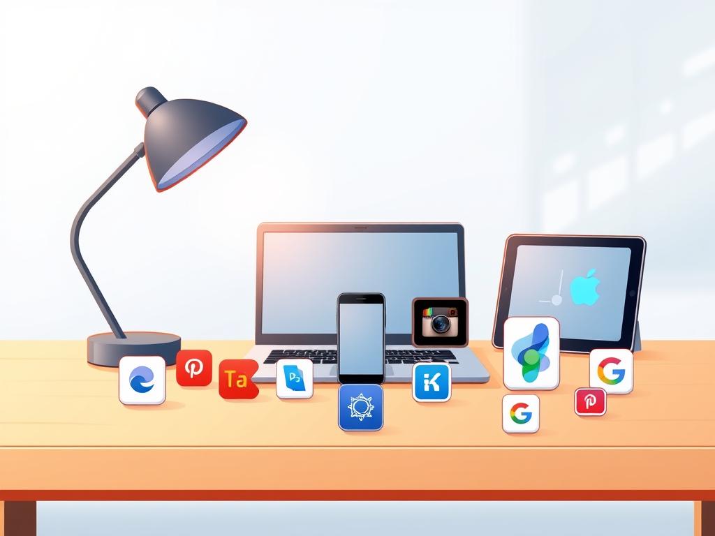 A sleek, modern office desk setup with a laptop, smartphone, and tablet arranged neatly. The desk is made of light-colored wood, and the background is a soft, blurred gradient of blues and grays, creating a calming, professional atmosphere. The foreground features a variety of app icons and logos, representing different photo editing software options. The lighting is warm and diffused, creating a subtle, reflective glow on the devices. The overall composition conveys a sense of thoughtful decision-making and the process of selecting the ideal photo editing app.