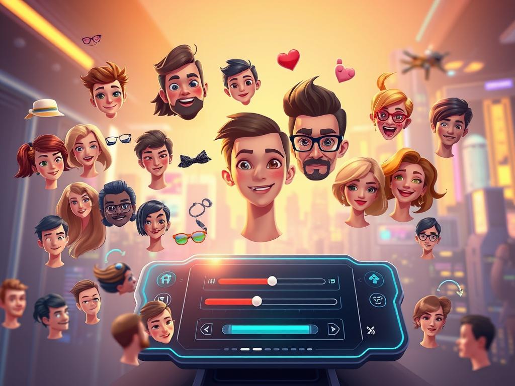 A vibrant and dynamic visual representation of "recursos personalização avatares IA". In the foreground, a diverse array of customizable avatar elements - hairstyles, facial features, expressions, and accessories - hover and arrange themselves, showcasing the depth of personalization options. In the middle ground, a glossy, high-tech interface displays various avatar customization tools and sliders, allowing for precise adjustments. The background depicts a futuristic, neon-lit cityscape, hinting at the advanced AI capabilities that power these avatar generation applications. Lighting is warm and inviting, with a touch of sci-fi mystique, conveying the exciting potential of these emerging technologies.