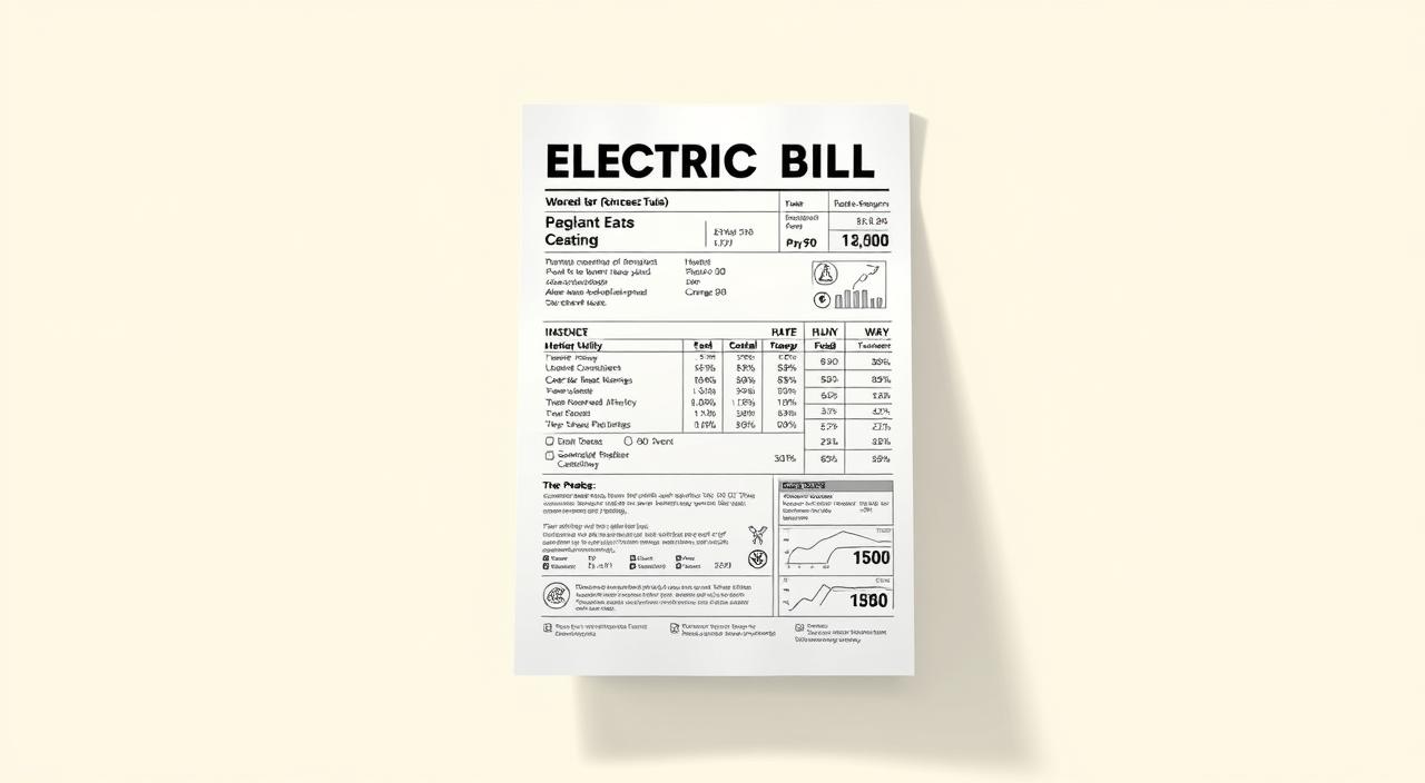 A well-lit, high-resolution digital illustration depicting a detailed electric utility bill, prominently displayed against a clean, minimalist background. The bill should be rendered with precise, photorealistic detail, showcasing the various sections, numbers, and icons that convey the key information about electricity usage and charges. The composition should be balanced and visually appealing, with a focus on the bill itself, allowing the viewer to clearly examine and understand the content. The overall mood should be one of clarity and professionalism, reflecting the informative nature of the subject matter.