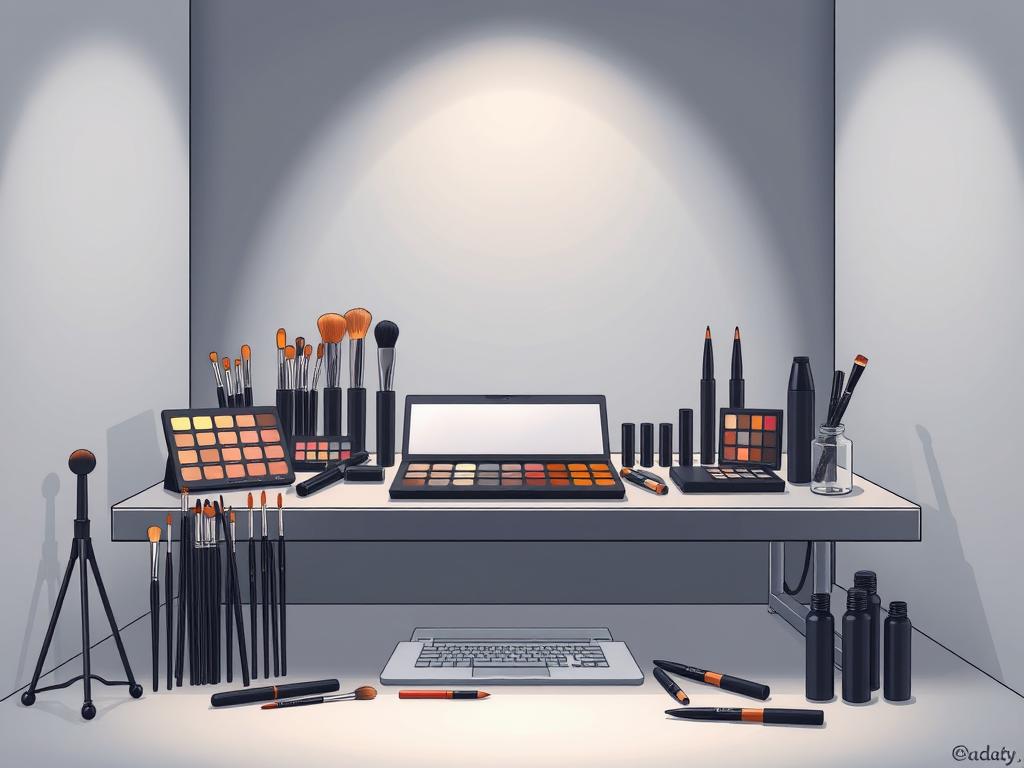A well-organized studio setup with a variety of editing tools for the eyes, including makeup brushes, eyeshadow palettes, eyeliners, and mascara. The tools are arranged neatly on a sleek, modern desk, with a soft, directional lighting illuminating the scene. The background is a minimalist, gray-toned wall, creating a professional, high-quality aesthetic. The overall mood is one of precision, creativity, and the ability to effortlessly transform one's appearance through the use of these specialized editing tools.
