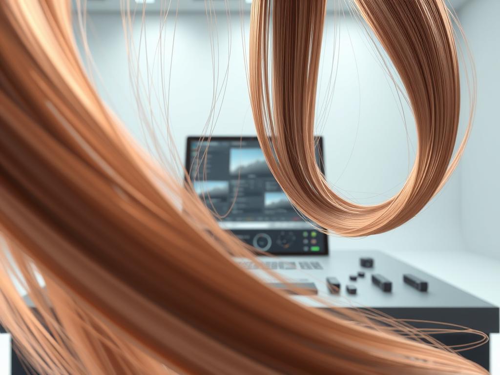 Advanced hair simulation resources, showcasing a detailed 3D hair rendering with realistic strand dynamics and lighting effects. The foreground features a close-up view of flowing, high-definition hair strands that respond to natural movements and environmental factors. The middle ground displays a variety of hair styling tools and controls, allowing for precise customization. The background subtly blends into a softly lit, minimalist studio setting, emphasizing the focus on the hair simulation. The overall atmosphere conveys a sense of technological sophistication and hair artistry, suitable for illustrating the advanced features of hair styling applications.
