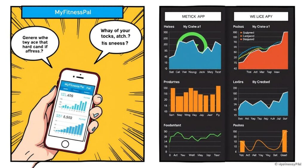 Gerar imagem do aplicativo MyFitnessPal em ação, mostrando gráficos de progresso.