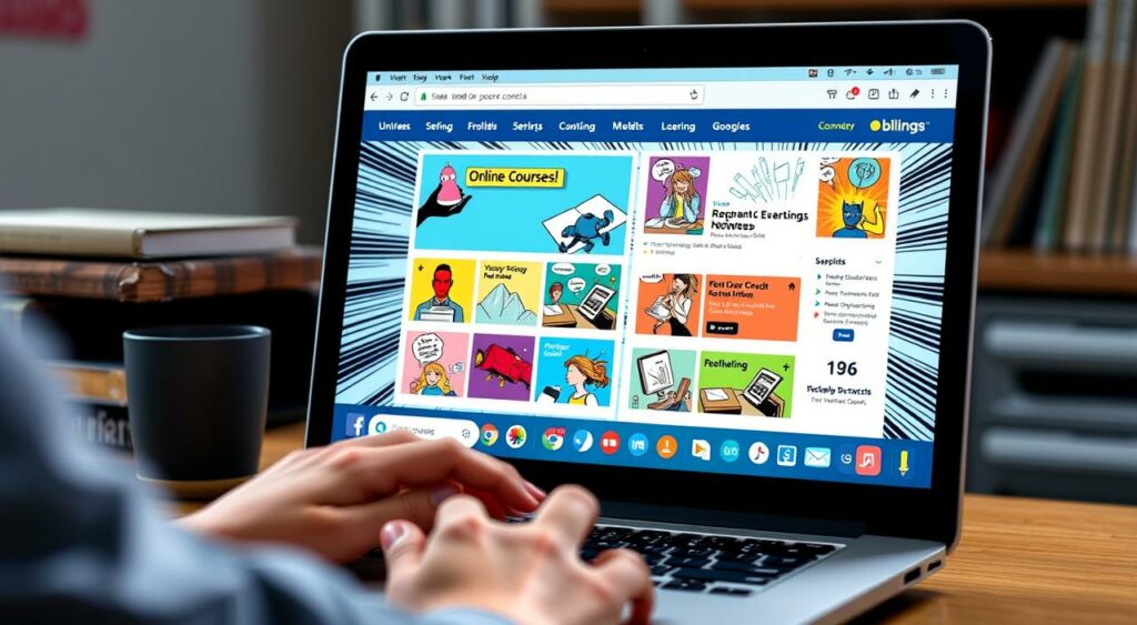 Imagem de cursos online sendo acessados em um laptop