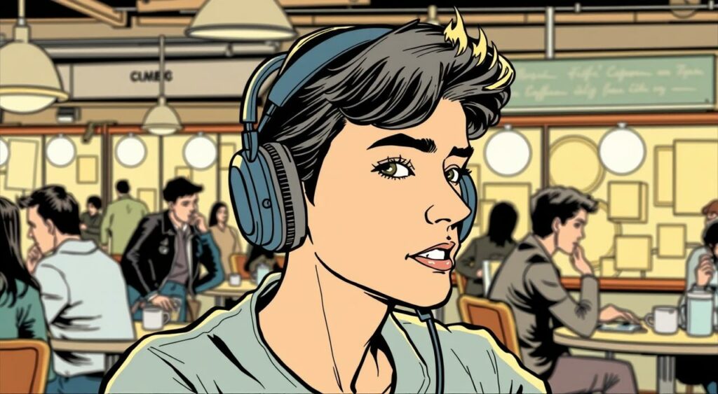 Imagem de fones de ouvido com cancelamento de ruído sendo usados em um café movimentado.