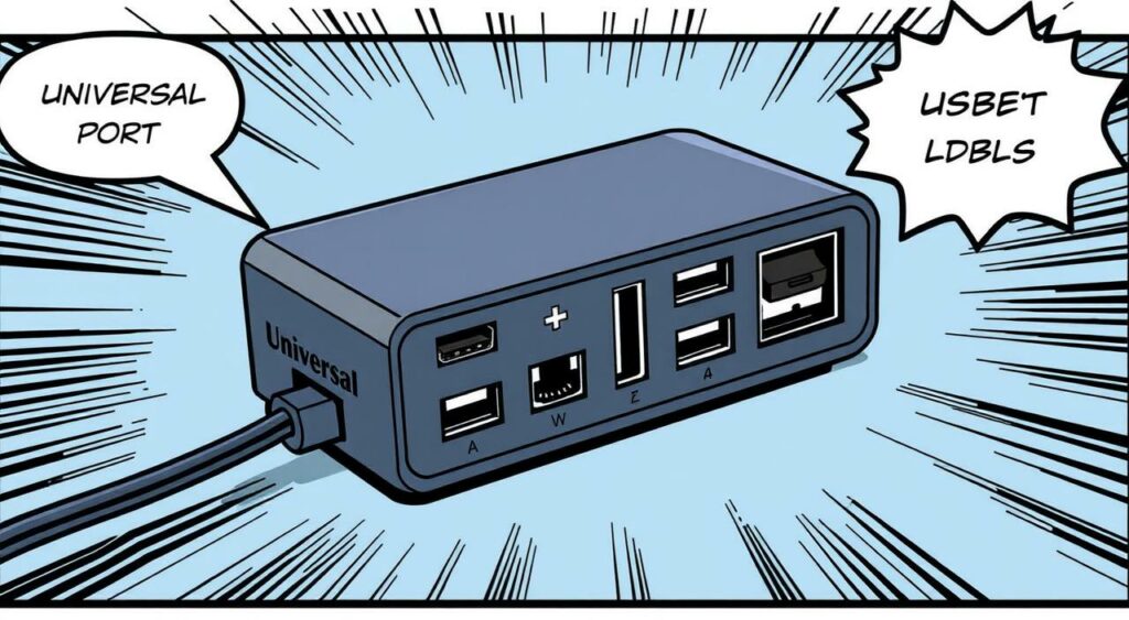 Imagem de um adaptador universal com USB, compacto e portátil, com múltiplas entradas e indicadores LED.