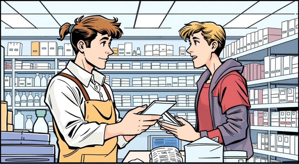 Imagem de um atendente de farmácia ajudando um cliente