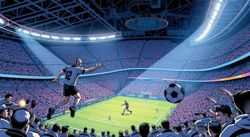 Imagem de um jogador profissional jogando em um estádio com uma plateia cheia