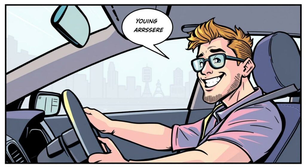 Imagem de um motorista de aplicativo sorrindo enquanto dirige