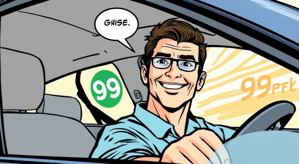 Imagem de um motorista sorrindo ao volante de um carro com o logo da Uber ou 99 ao fundo.
