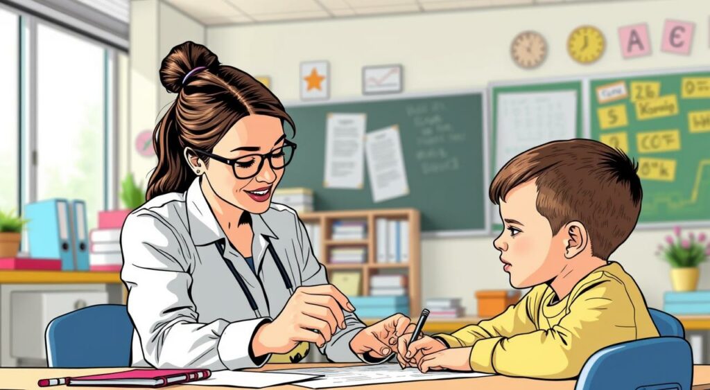 Imagem de um professor trabalhando com um aluno em uma atividade de reforço escolar