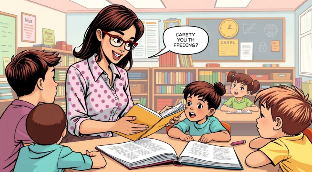 Imagem de um professor usando o método fônico para ensinar leitura a alunos