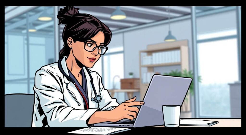 Imagem de um profissional de saúde fazendo um curso online