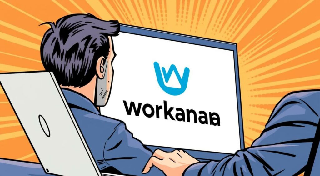 Imagem de um profissional trabalhando em um laptop com a logo da Workana na tela.
