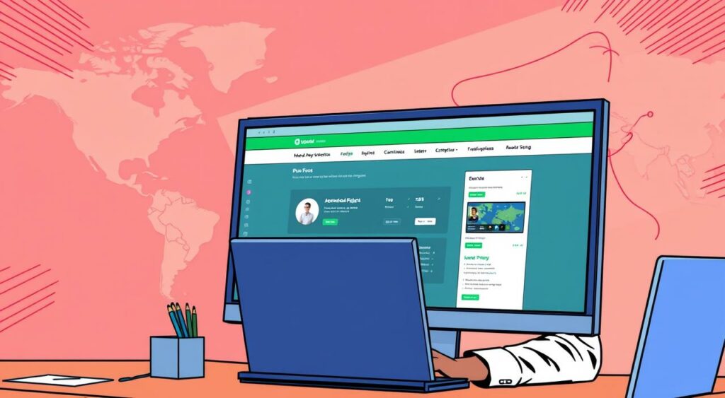 Imagem de um profissional trabalhando em um projeto internacional, com uma tela de computador mostrando a interface do Upwork.