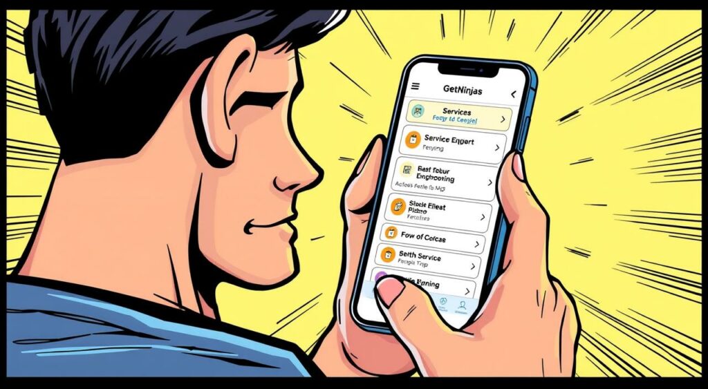 Imagem de um usuário utilizando o aplicativo GetNinjas no smartphone, com opções de serviços na tela.