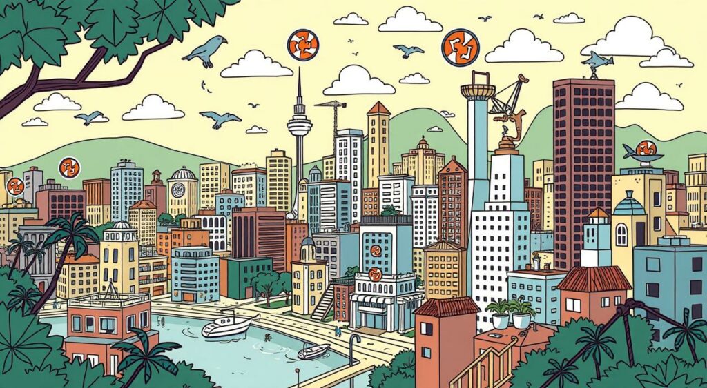 Imagem de uma cidade brasileira com diversos ícones de economia compartilhada