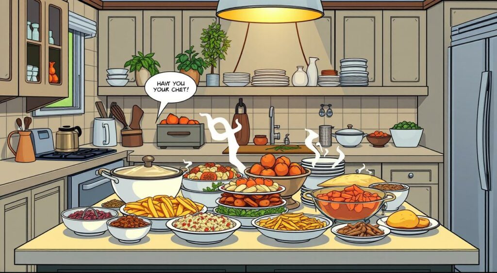 Imagem de uma cozinha caseira com diversos pratos preparados