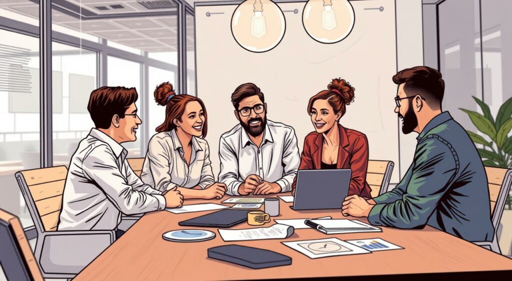 Imagem de uma equipe trabalhando junta em uma sala de reunião