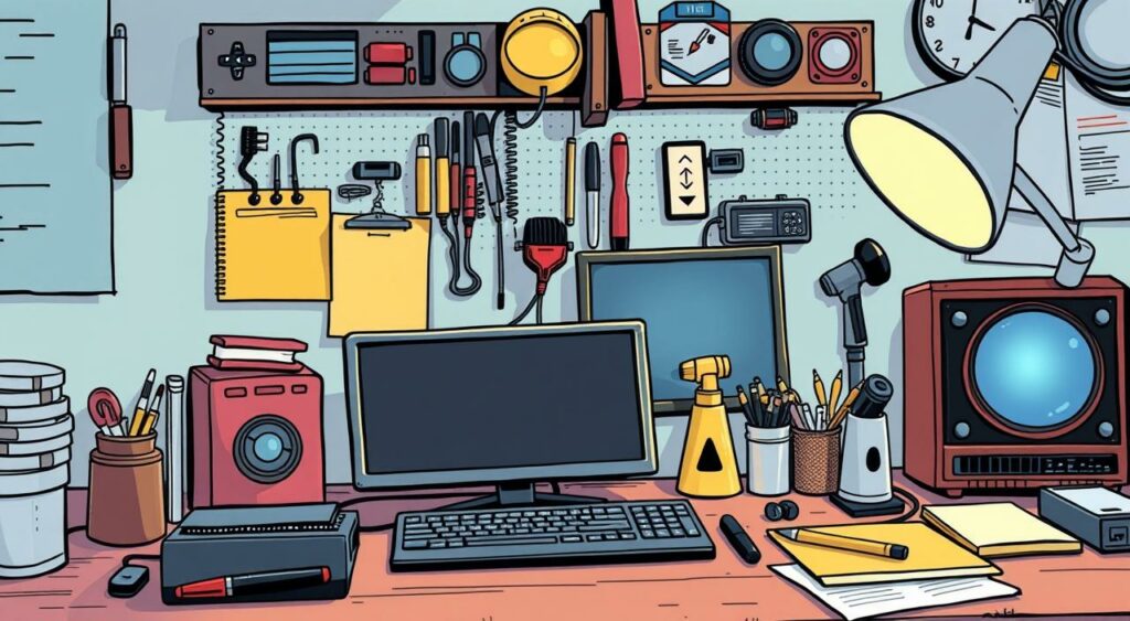 Imagem de uma mesa de trabalho com várias ferramentas e dispositivos digitais