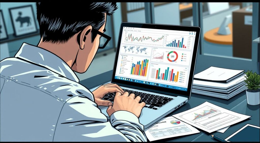 Imagem de uma pessoa analisando gráficos e dados em um notebook.