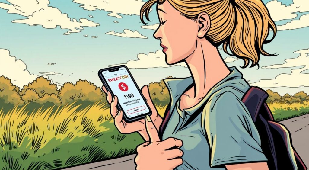 Imagem de uma pessoa caminhando com o aplicativo Sweatcoin aberto no celular