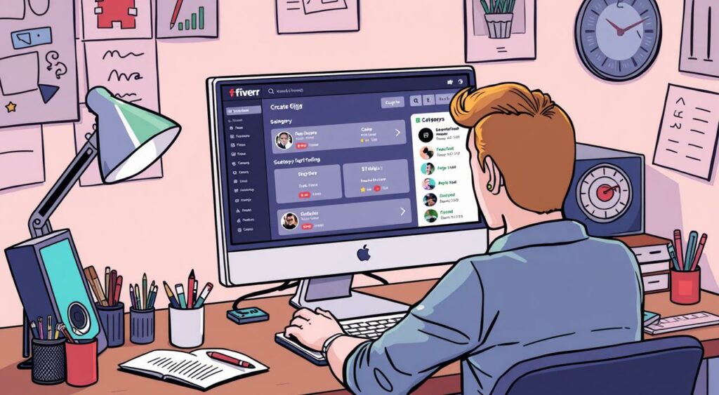 Imagem de uma pessoa criando um "gig" no Fiverr, com uma tela de computador mostrando as opções de categorias.