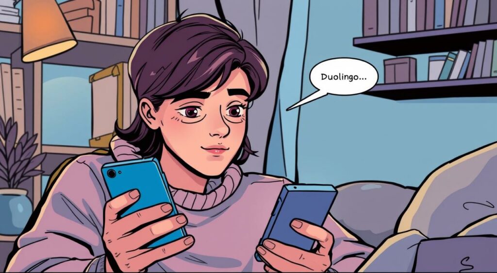 Imagem de uma pessoa estudando com o aplicativo Duolingo no celular