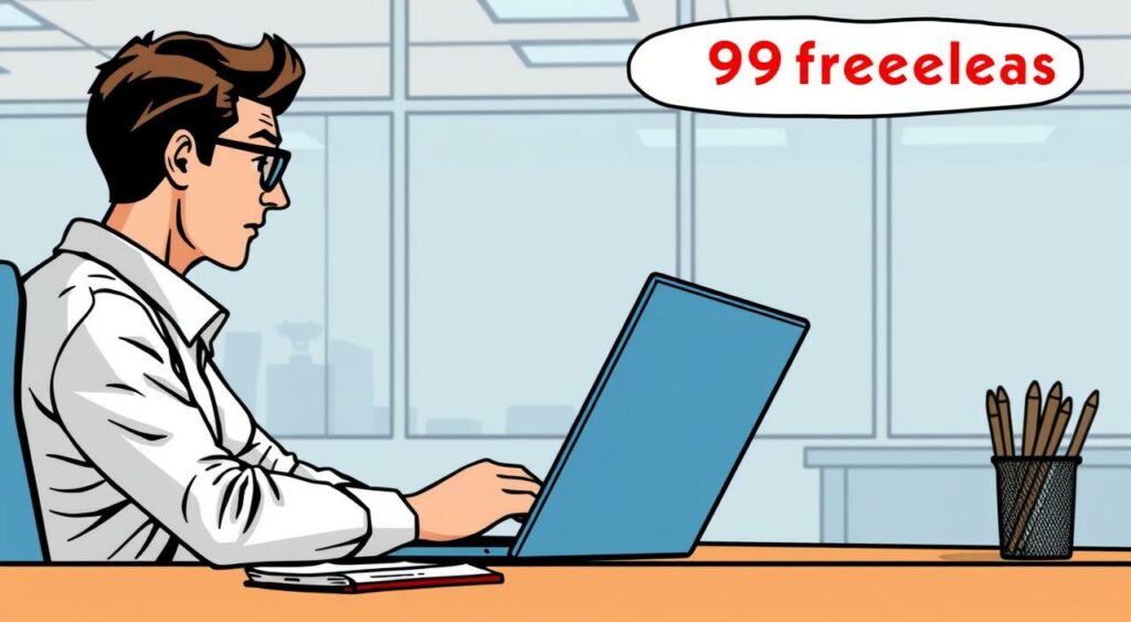 Imagem de uma pessoa trabalhando em um escritório com um laptop e um caderno ao lado, representando o uso do 99freelas.