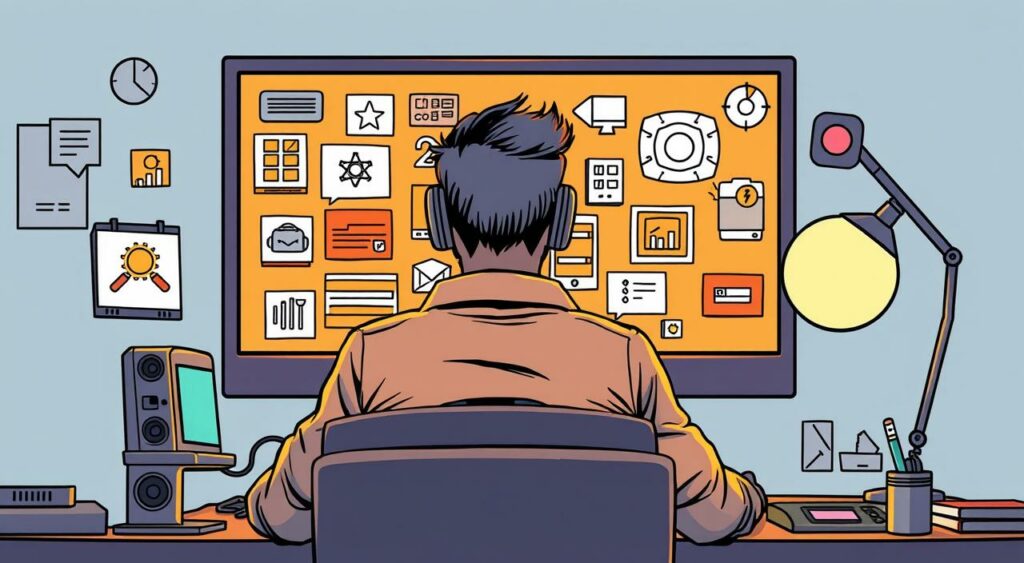 Imagem de uma pessoa trabalhando remotamente com várias ferramentas na tela do computador