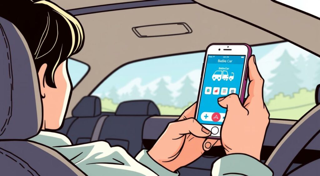 Imagem de uma pessoa usando o aplicativo BlaBlaCar em um smartphone durante uma viagem de carro.