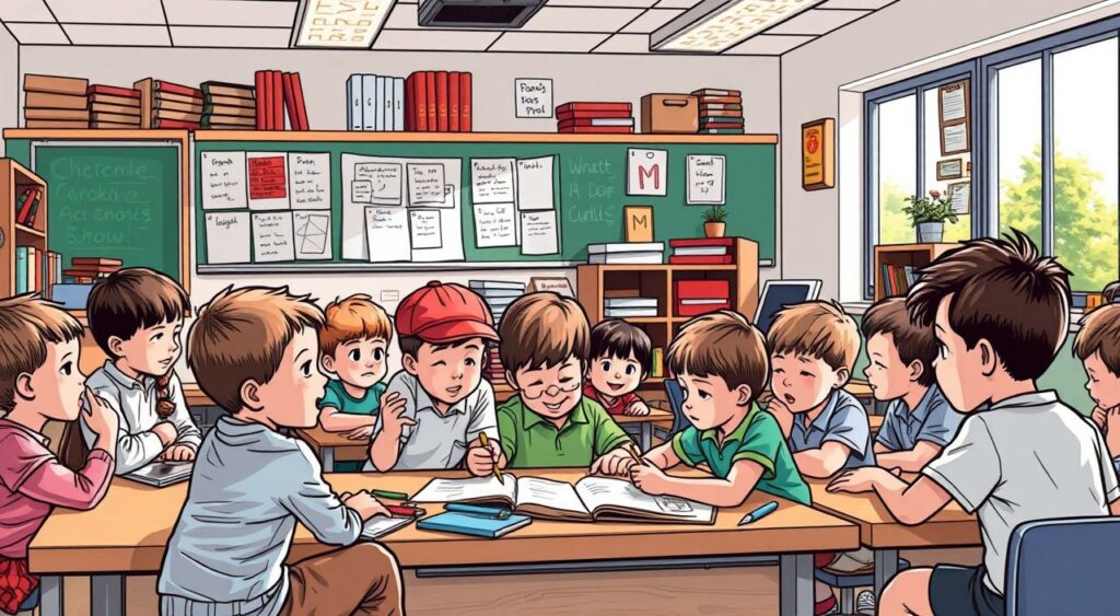 Imagem de uma sala de aula com crianças participando de uma atividade lúdica