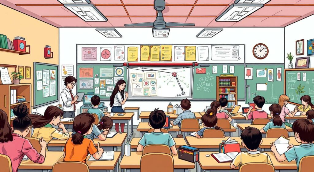 Imagem de uma sala de aula com professores e alunos