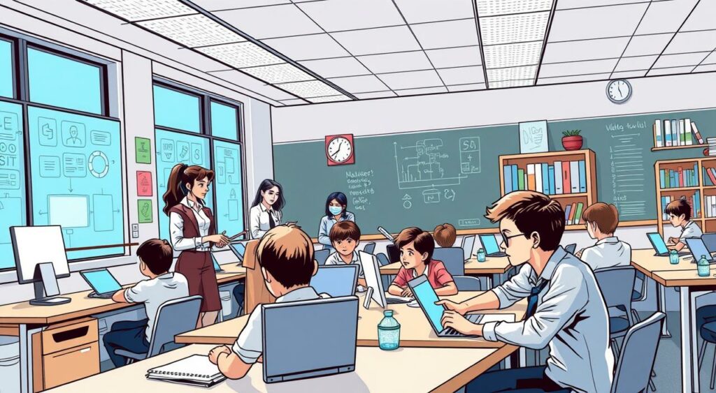Imagem de uma sala de aula com professores e alunos utilizando tecnologia educacional