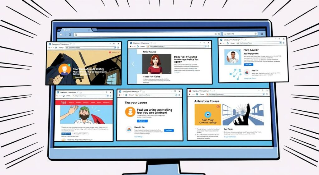Imagem de uma tela de computador com várias abas abertas, mostrando diferentes plataformas de cursos online.
