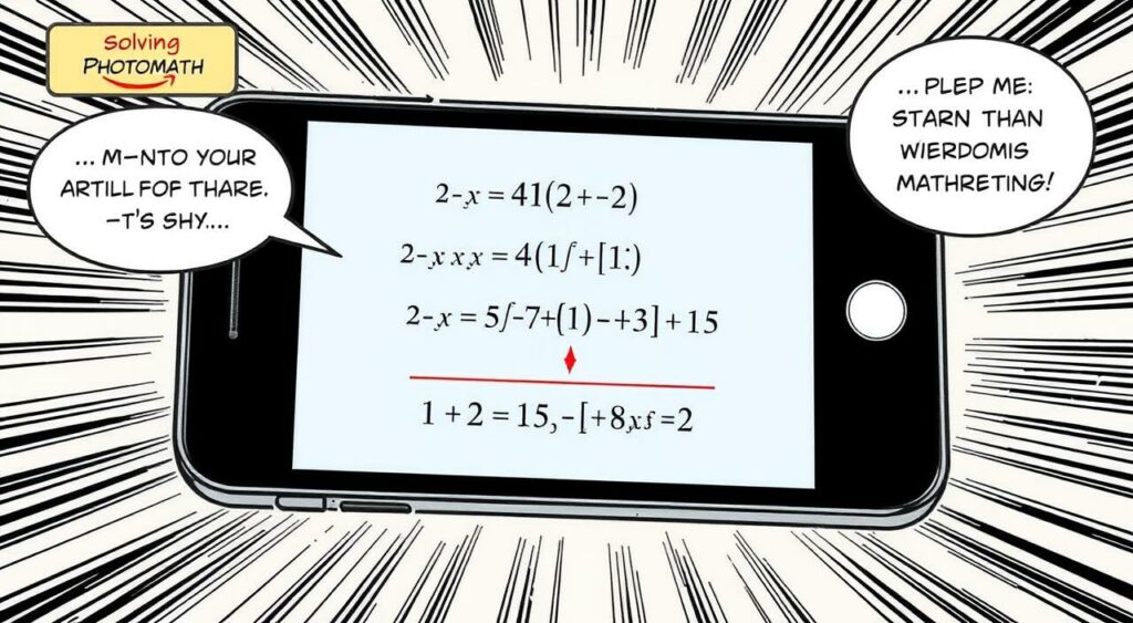 Imagem de uma tela de smartphone mostrando o Photomath em uso, resolvendo uma equação matemática complexa.